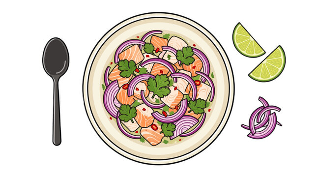 Fresh Salmon Ceviche with Red Onion Cilantro and Lime Slices Illustrated