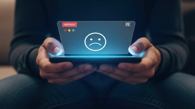 Person holding smartphone with negative feedback rating with sad face icon, for poor customer service, consumer dissatisfaction, need for business improvement