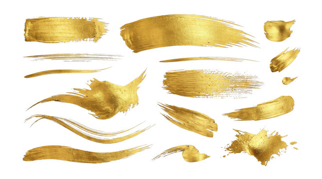 Metallic gold brush strokes collection, luxury yellow paint splashes and smears, shimmering golden acrylic texture set on white background