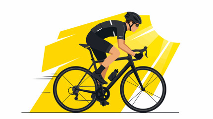 Fototapeta premium Cyclist in Black Racing Gear Riding a Bicycle with Yellow Sunburst Background