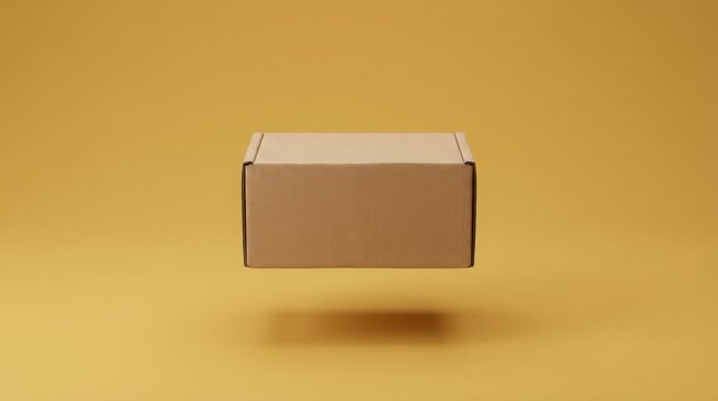 Cardboard box floats horizontally against a clean yellow background to demonstrate shipping concepts.
