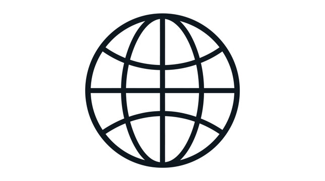 Simple black and white vector globe icon representing global connectivity and modern internet web navigation technology