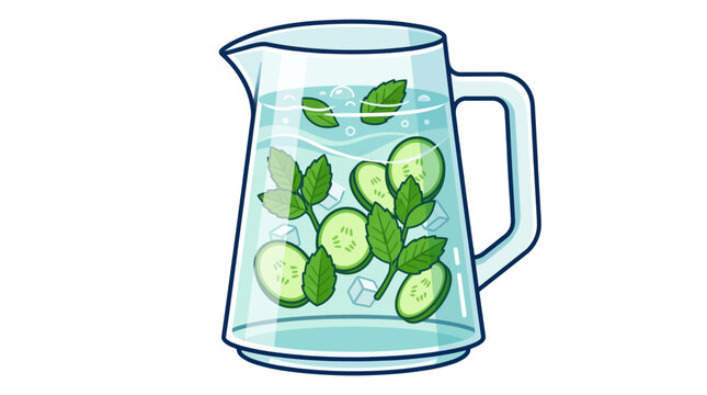 Refreshing pitcher of cucumber mint infused water with ice cubes and mint leaves