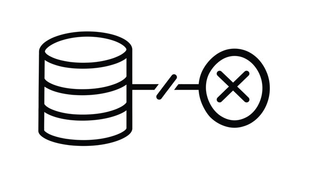 Minimalist black icon depicting a database server with a connection error sign on white background