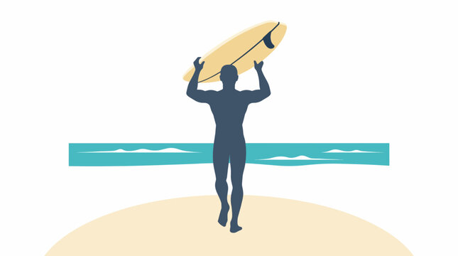 Silhouette of a Muscular Man Carrying a Surfboard Above His Head Walking Towards the Ocean on a Sandy Beach