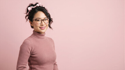 Obraz premium Portrait of a smiling young asian woman with glasses and a pink bow in her hair wearing a pink turtleneck sweater against a pink background