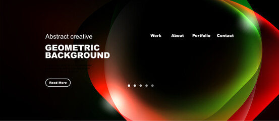 Naklejka premium Dark website header design. Fluid shapes, vibrant colors, minimal text elements. Modern aesthetic, clean layout. Navigation visible.
