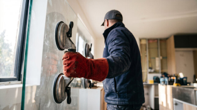 Professional glazier installing a large glass pane in a residential construction site