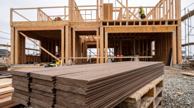 Stack of composite decking boards on a wooden pallet at a residential construction site with a house frame in the background