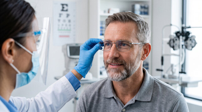 Optometrist adjusting glasses on patients face during eye exam in clinic