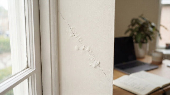 Closeup of a diagonal crack and bubbling paint on an interior wall near a window frame in a home office setting