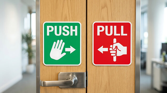Push and pull directional signs on door