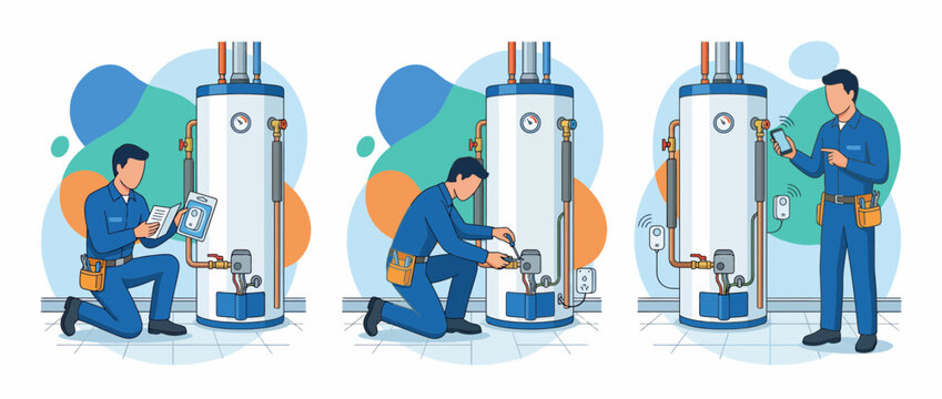 Professional Technician Installing and Repairing Water Heater System