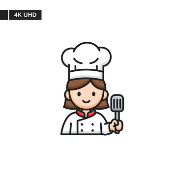 Cartoon chef woman with spatula smiling.