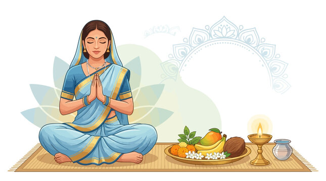 A woman in a blue sari meditates with hands pressed in prayer, seated on a mat beside a puja thali with fruits and a lit diya, against a white background with floral motifs