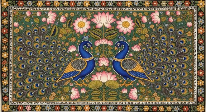 Exquisite Indian Miniature Painting of Two Peacocks Amidst Lotus Flowers.