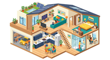 Cutaway house illustration with interior details and rooftop solar panels home residence dwelling architecture building cross section schematic diagram floor plan room kitchen bedroom bathroom © Sagor