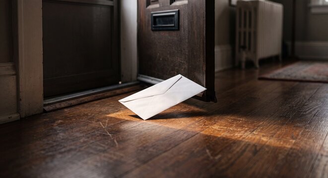 A blank white mail envelope lying on a hardwood floor beneath a slightly open wooden door in a sunbeam spotlight