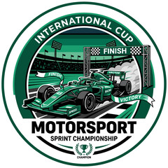 Obraz premium Green Formula Speed Car Racing Crossing Finish Line Victory Lane