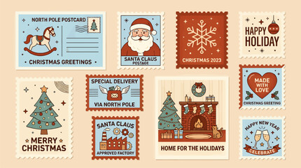 Flat Design Christmas Stamps and Postcards Collection, Featuring Santa Claus, Christmas Tree, Fireplace Scene, Rocking Horse, and Festive Greetings. Vector Illustration with Vintage Style. © titin