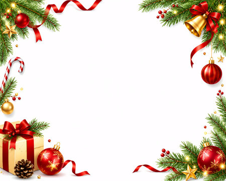 Christmas Decoration Border with Pine Branches Ornaments