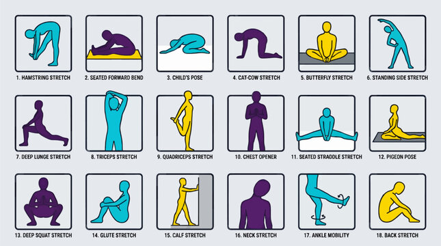 Flat Vector Icon Set of 18 Yoga and Stretching Poses, Including Hamstring, Seated Forward Bend, Child's Pose, Cat-Cow, Butterfly, Standing Side Stretch, Deep Lunge, Triceps, Quadriceps, Chest Opener