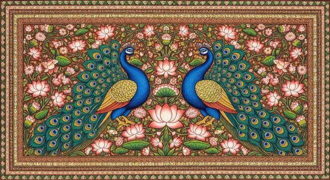 Exquisite Indian Miniature Painting of Two Peacocks Amidst Lotus Flowers.