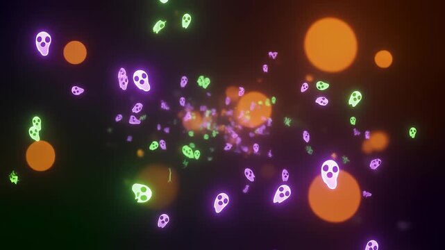 Neon glowing halloween skulls and bokeh particles loop background