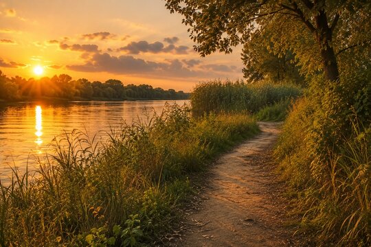 Narrow dirt path following a river curve into reeds during golden hour.