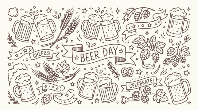 Hand-drawn doodle illustration celebrating Beer Day with mugs, hops, wheat, and pretzels.