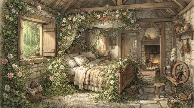 Secret rustic cottage bedroom hidden in the woods, covered with blooming wild roses, vines, and a vintage spinning wheel in the corner.