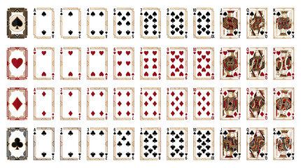 A complete set of vintage-style playing cards arranged in rows by suit and rank on a white background.