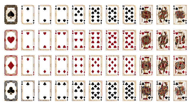 A complete set of vintage-style playing cards arranged in rows by suit and rank on a white background.