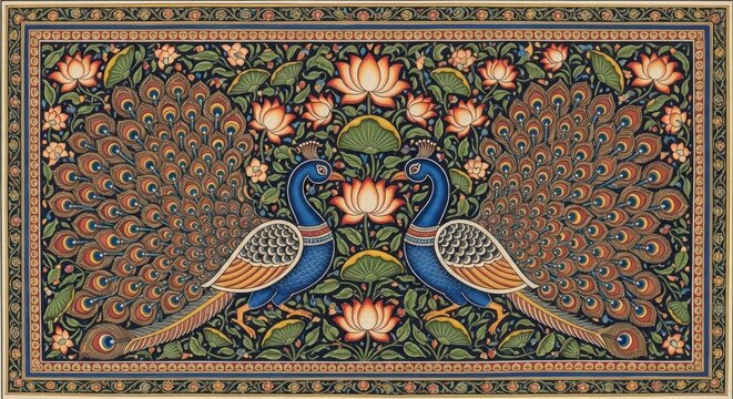 Exquisite Indian Miniature Painting of Two Peacocks Amidst Lotus Flowers.