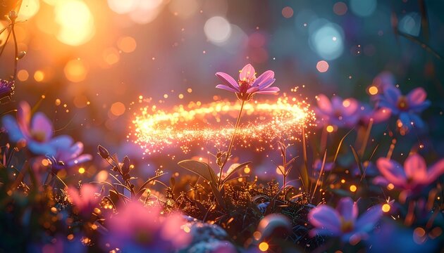 Vibrant purple flowers with sparkling light.