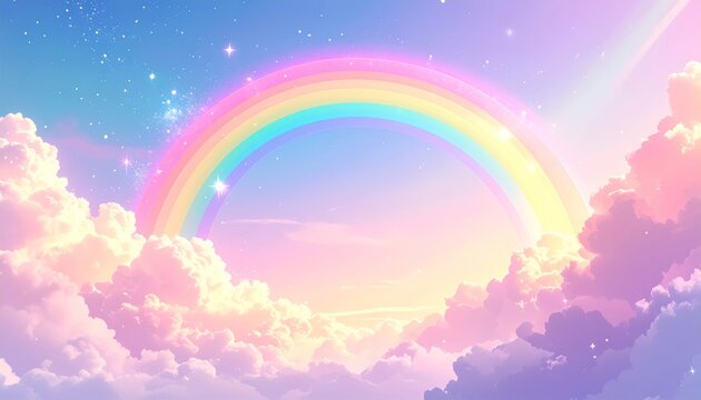 Vibrant rainbow in the sky with clouds.