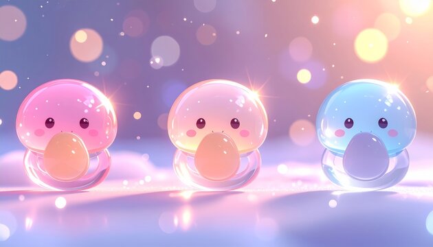 Three colorful cartoon bubble characters standing on a purple surface with bokeh lights.