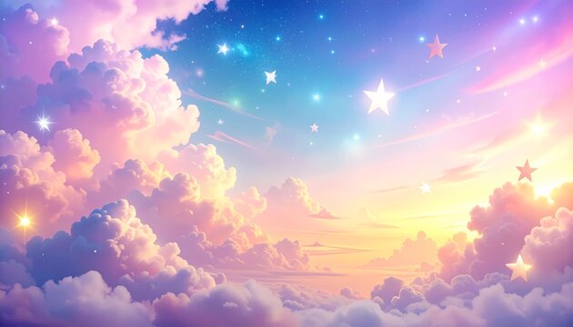 Vibrant pastel sunset with fluffy clouds and stars in the sky.