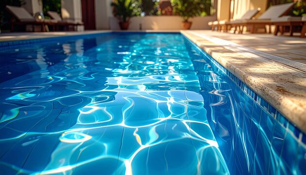 A serene swimming pool on a sunny day with clear blue water and lounge chairs.