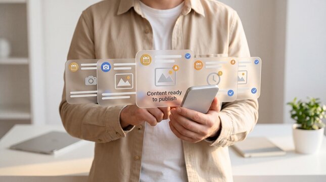 Man using smartphone to manage digital content creation workflow with text indicating content ready publish