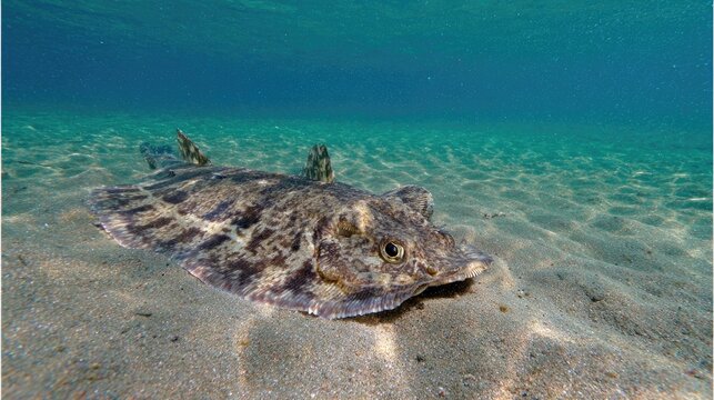 plaice. A single plaice fish resting on a sandy seabed in shallow, sun-dappled water. wildlife magazines, conservation campaigns, designed for eco-tourism storytelling, used by lab technicians.