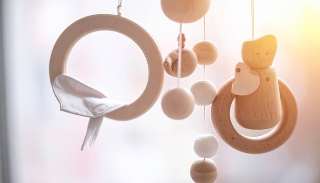 Wooden baby mobile with bird and bear.