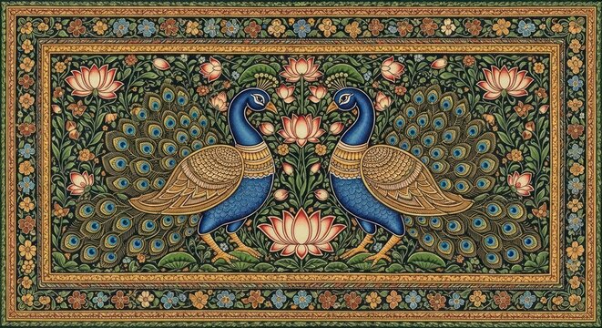 Exquisite Indian Miniature Painting of Two Peacocks Amidst Lotus Flowers and Intricate Patterns.