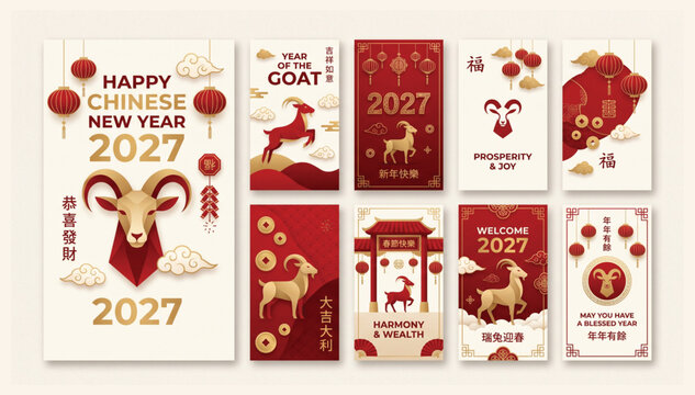Collection of decorative banners for chinese new year 2027 year of the goat featuring stylized goats floral motifs and traditional festive decorations tradition celebration horoscope oriental