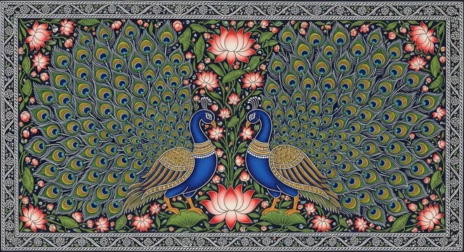 Exquisite Indian Miniature Painting of Two Peacocks Amidst Lotus Flowers and Lush Foliage.