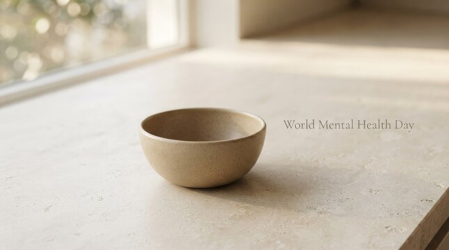 World Mental Health Day Small beige ceramic bowl on a stone table with world mental health day text