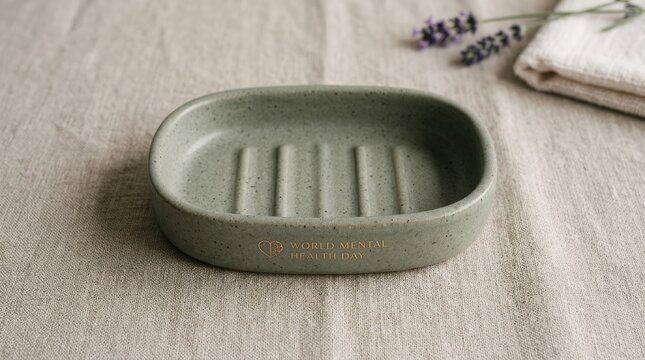 World Mental Health Day Empty rectangular soap dish made of light wood resting on a table