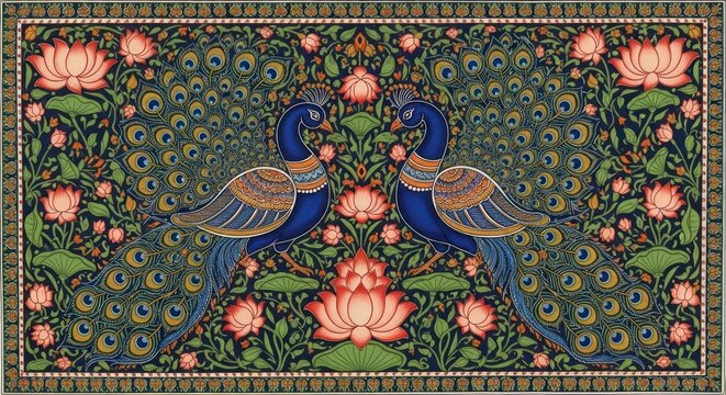 Exquisite Indian Miniature Painting of Two Peacocks Amidst Lotus Flowers and Lush Foliage.