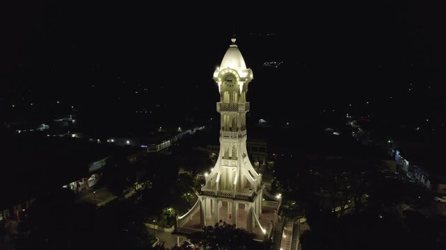 Aerial view of the iconic San Vicente Clock Tower (Torre del Reloj) located in the historic center of San Vicente, El Salvador.