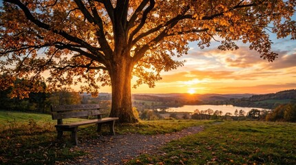 Fototapeta premium World Mental Health Day Large oak tree and empty wooden bench in a park during a beautiful golden sunset with a lake in the background